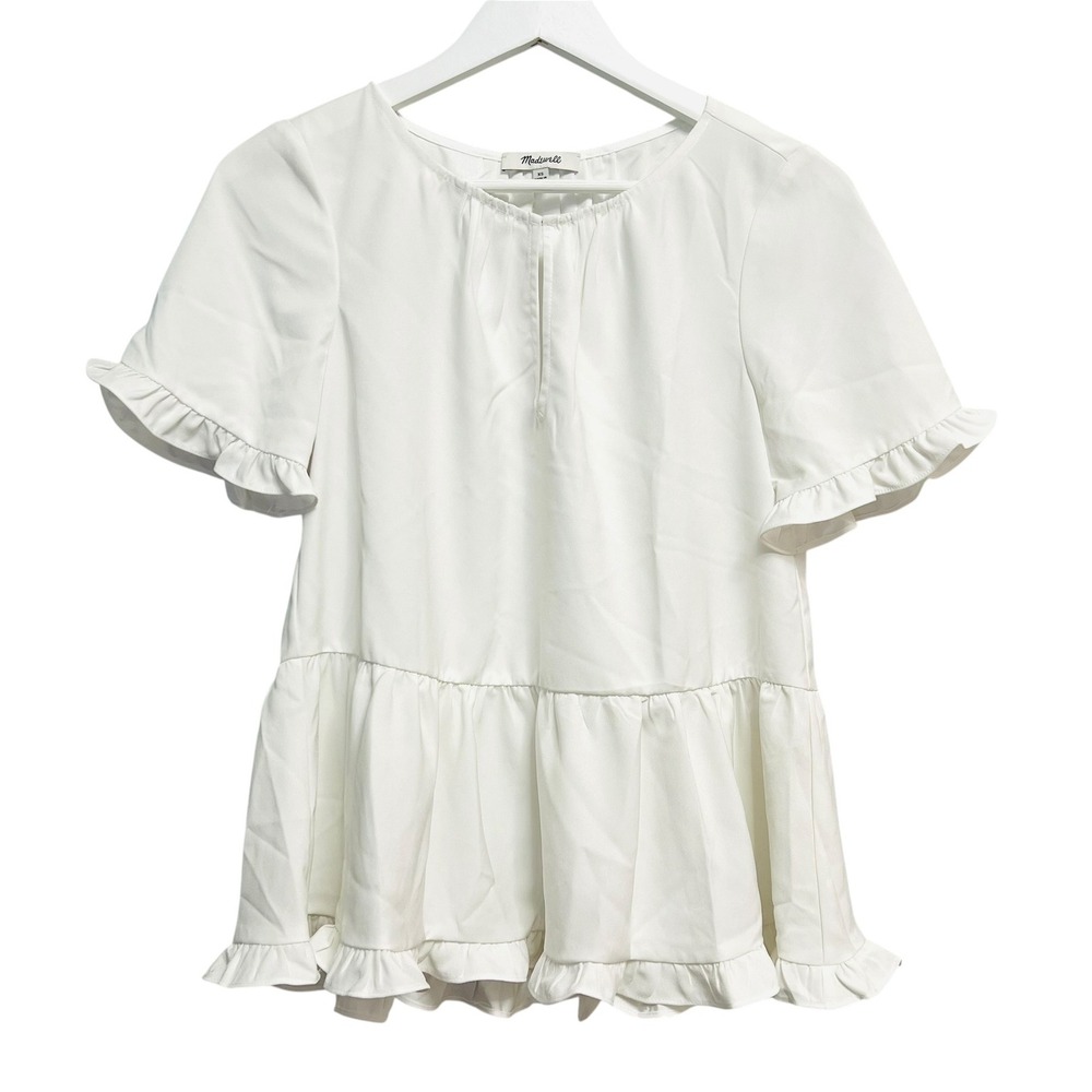 Madewell Blouse Womens Extra‎ Small White Ruffle Peplum Short Sleeve Top Shirt